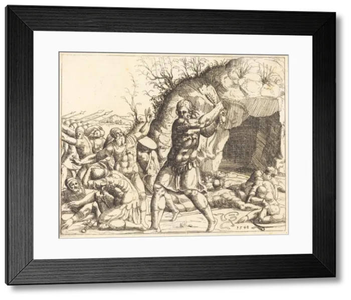 Framed Print : Samson Slays the Philistines. Creator: Augustin Hirschvogel