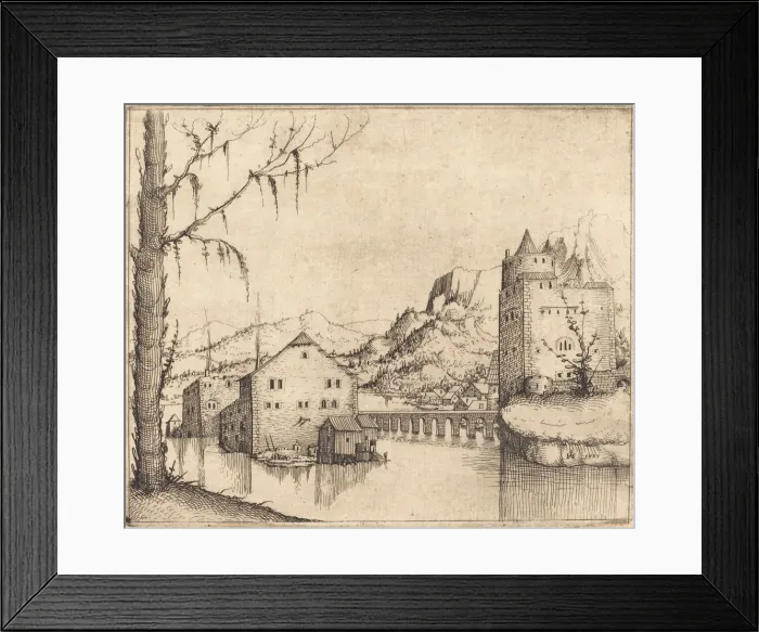 Framed Print : River Landscape with Two Buildings, 1545. Creator: Augustin Hirschvogel