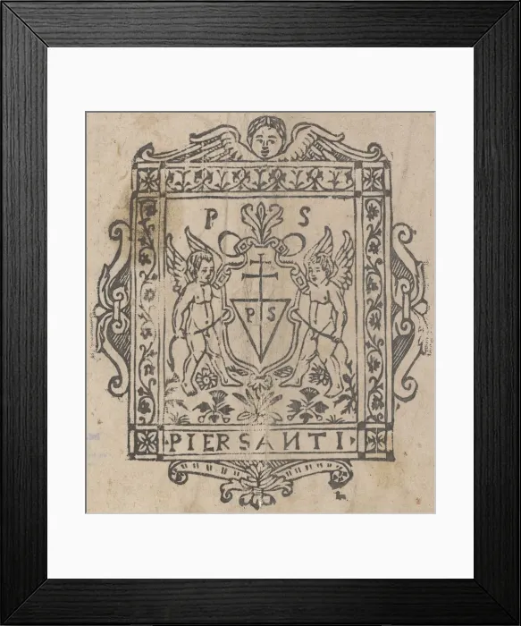 Framed Print : Two Putti with Shield Inscribed Pier Santi, 16th century. Creator: Unknown