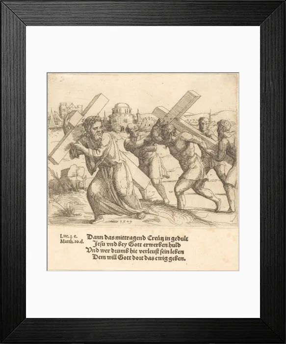 Framed Print : Man Carries the Cross after Christ, 1549. Creator: Augustin Hirschvogel Framed Print : Man Carries the Cross after Christ, 1549. Creator: Augustin Hirschvogel
