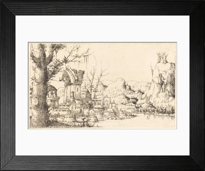 Framed Print : River Landscape with the Temptation of Christ, 1545. Creator: Augustin Hirschvogel Framed Print : River Landscape with the Temptation of Christ, 1545. Creator: Augustin Hirschvogel