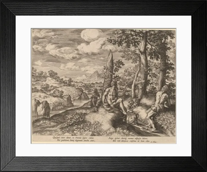 Framed Print : Landscape with Three Nude Men and a Dog. Creator: Johann Sadeler I Framed Print : Landscape with Three Nude Men and a Dog. Creator: Johann Sadeler I