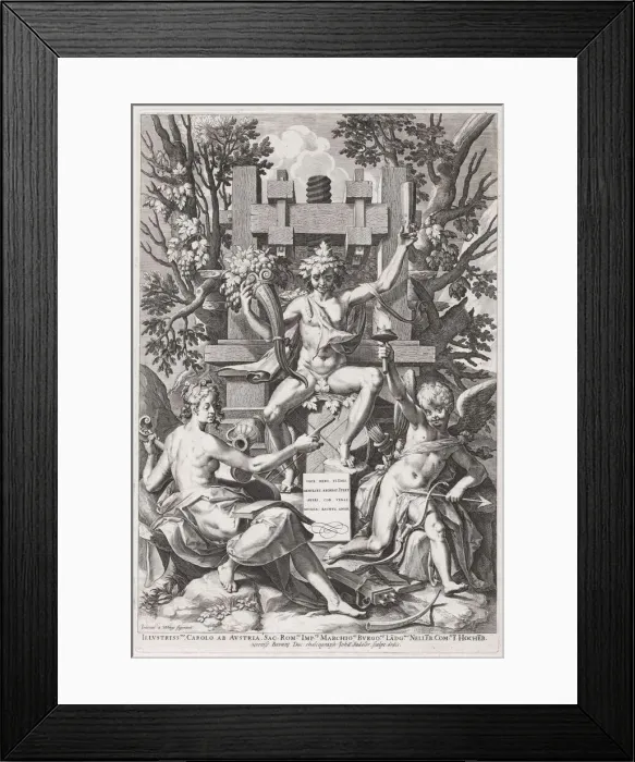 Framed Print : Bacchus Seated on a Barrel between Amor and Music, c. 1590. Creator: Johann Sadeler I Framed Print : Bacchus Seated on a Barrel between Amor and Music, c. 1590. Creator: Johann Sadeler I