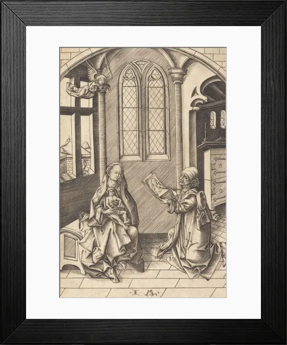 Framed Print : Saint Luke Drawing a Portrait of the Virgin, c. 1475. Creator: Israhel van Meckenem Framed Print : Saint Luke Drawing a Portrait of the Virgin, c. 1475. Creator: Israhel van Meckenem