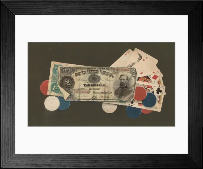 Framed Print : Trompe l Oeil: A Full House with Chips, $2 and $5 Bills, c. 1895. Creator: Unknown Framed Print : Trompe l Oeil: A Full House with Chips, $2 and $5 Bills, c. 1895. Creator: Unknown