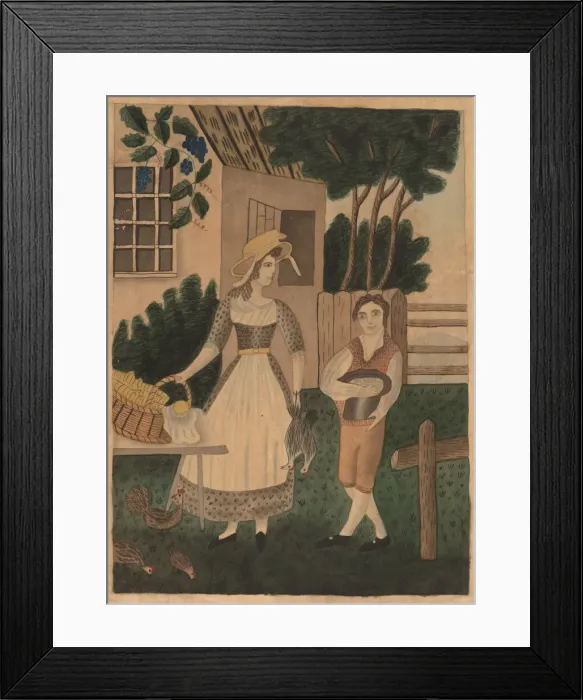 Framed Print : Woman and Boy with Provisions, c. 1840. Creator: Unknown