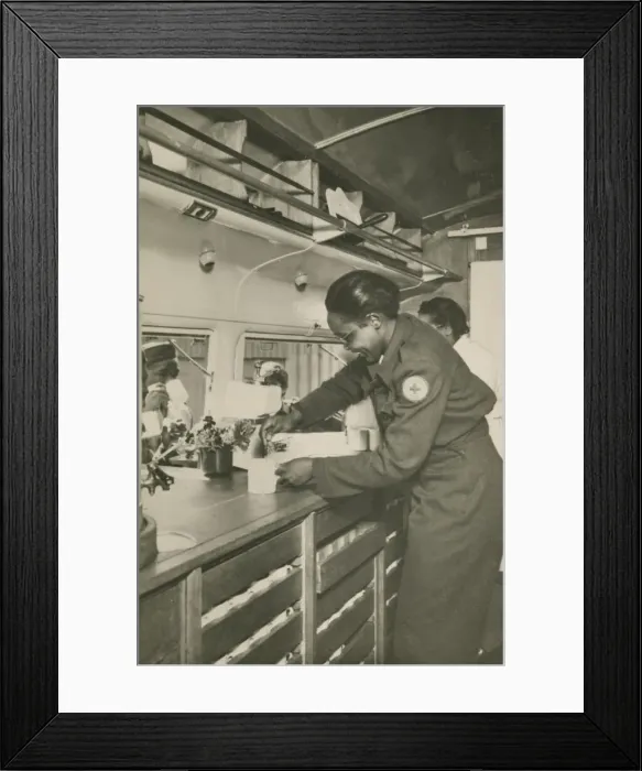 Framed Print : Picture postcard of a volunteer serving troops out of a Red Cross Clubmobile Framed Print : Picture postcard of a volunteer serving troops out of a Red Cross Clubmobile