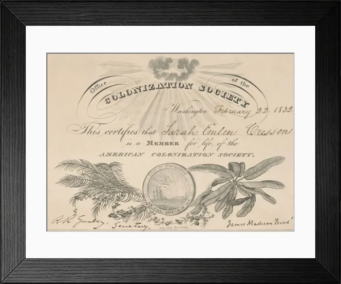 Framed Print : Membership certificate to the American Colonization Society, February 22, 1832 Framed Print : Membership certificate to the American Colonization Society, February 22, 1832