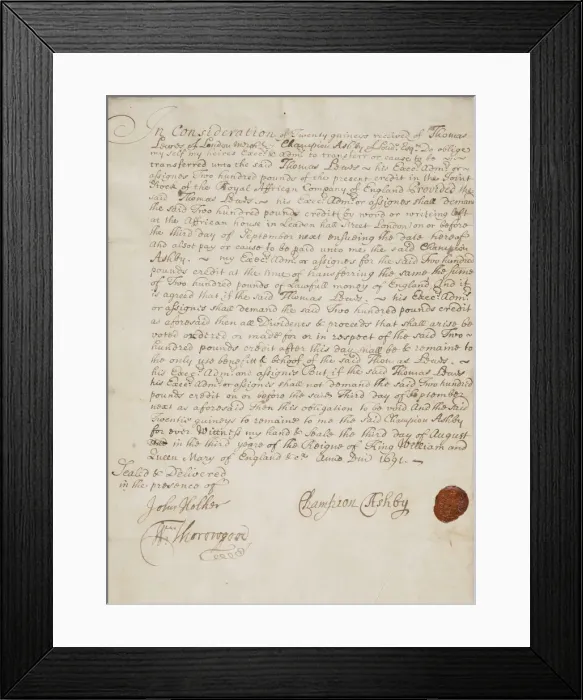 Framed Print : Stock share certificate for the Royal African Company, 1691. Creator: Champion Ashby Framed Print : Stock share certificate for the Royal African Company, 1691. Creator: Champion Ashby