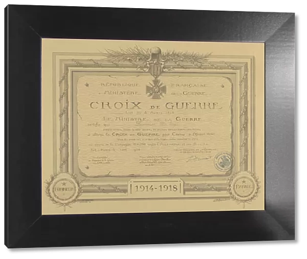 Certificate for French Croix de Guerre medal issued to Cpl. Lawrence L