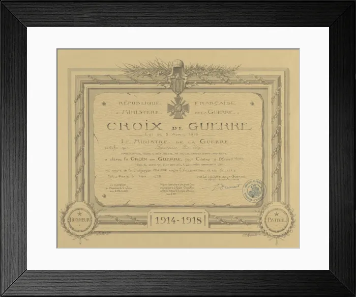 Framed Print : Certificate for French Croix de Guerre medal issued to Cpl. Lawrence L Framed Print : Certificate for French Croix de Guerre medal issued to Cpl. Lawrence L