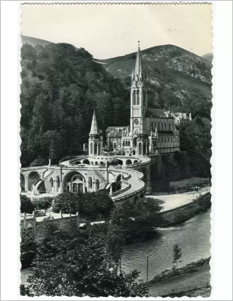 Basilica and River Gave, Lourdes, 1930s. Creator: Unknown