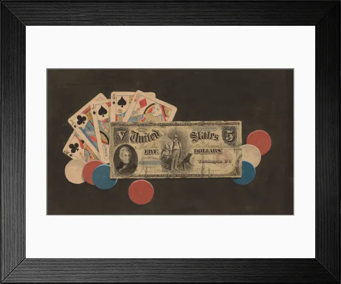 Framed Print : Trompe l Oeil: A Full House with Chips and a $5 Bill, c. 1895. Creator: Unknown Framed Print : Trompe l Oeil: A Full House with Chips and a $5 Bill, c. 1895. Creator: Unknown
