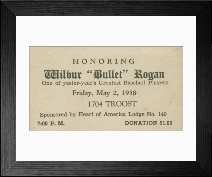 Framed Print : Advertising card for an event honoring Wilbur Bullet'Rogan, May 2, 1958 Framed Print : Advertising card for an event honoring Wilbur Bullet'Rogan, May 2, 1958