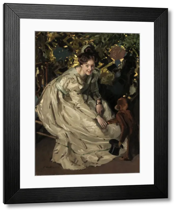 Framed Print : Woman in Arbor with Monkey, late 19th-early 20th century. Creator: Claudio Castelucho Framed Print : Woman in Arbor with Monkey, late 19th-early 20th century. Creator: Claudio Castelucho