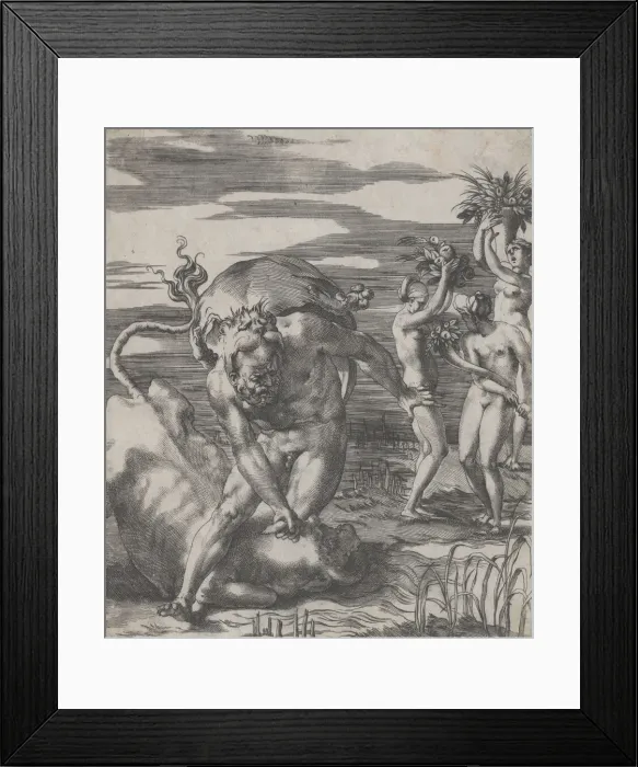 Framed Print : Hercules defeating the river god Achelous in the form of a bull, with three women t... ca. 1526-27. Creator: Giovanni Jacopo Caraglio Framed Print : Hercules defeating the river god Achelous in the form of a bull, with three women t... ca. 1526-27. Creator: Giovanni Jacopo Caraglio
