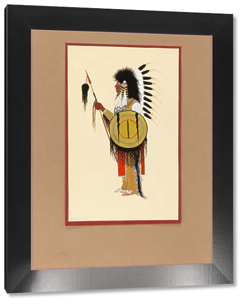 Cheyenne Warrior in Feather Headdress with Shield, ca. 1915-1937. Creator: Monroe Tsatoke
