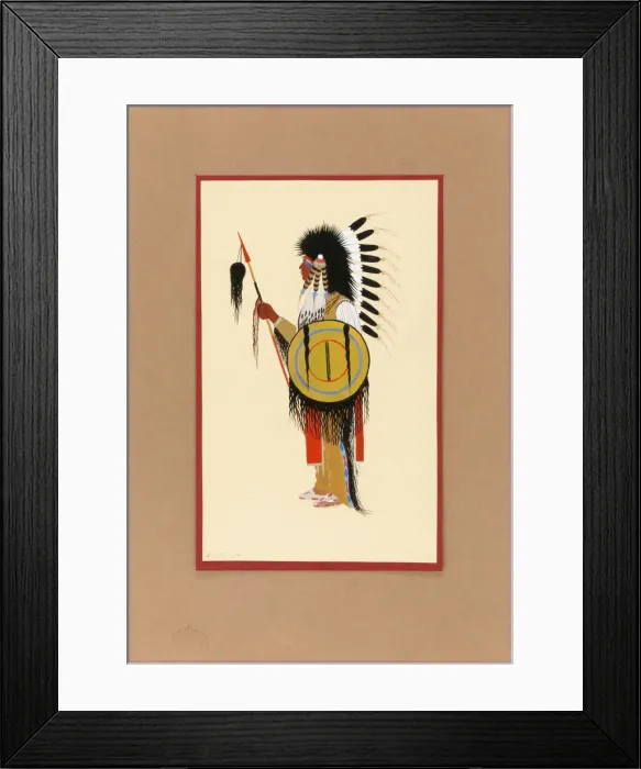 Framed Print : Cheyenne Warrior in Feather Headdress with Shield, ca. 1915-1937. Creator: Monroe Tsatoke Framed Print : Cheyenne Warrior in Feather Headdress with Shield, ca. 1915-1937. Creator: Monroe Tsatoke