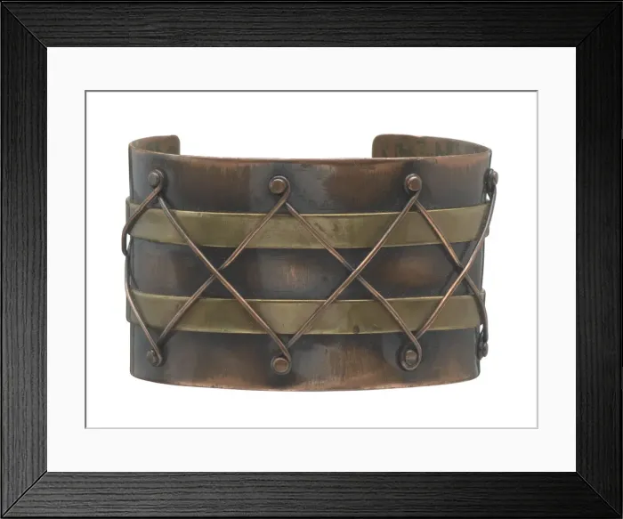 Framed Print : Copper and brass diamond design cuff by Winifred Mason Chenet, ca. 1945 Framed Print : Copper and brass diamond design cuff by Winifred Mason Chenet, ca. 1945