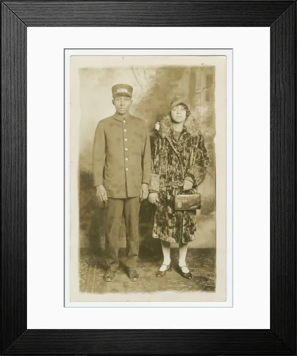 Framed Print : Photographic postcard of Pullman Porter, Omer Ester and his wife Jean, ca. 1930s Framed Print : Photographic postcard of Pullman Porter, Omer Ester and his wife Jean, ca. 1930s