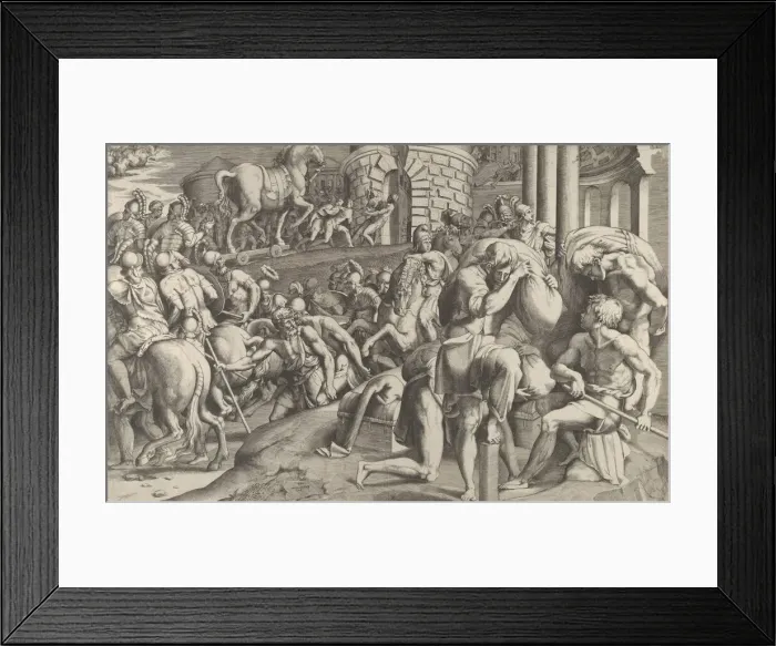 Framed Print : The Trojans hauling the wooden horse into Troy, 1545. Creator: Giulio Bonasone Framed Print : The Trojans hauling the wooden horse into Troy, 1545. Creator: Giulio Bonasone