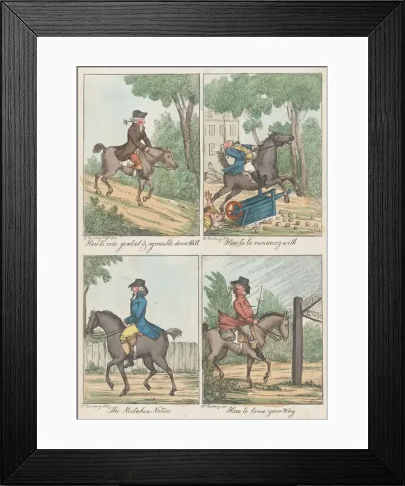 Framed Print : Four Scenes: How to Ride Genteel & Agreeable Down Hill;How to be Run Away With Framed Print : Four Scenes: How to Ride Genteel & Agreeable Down Hill;How to be Run Away With