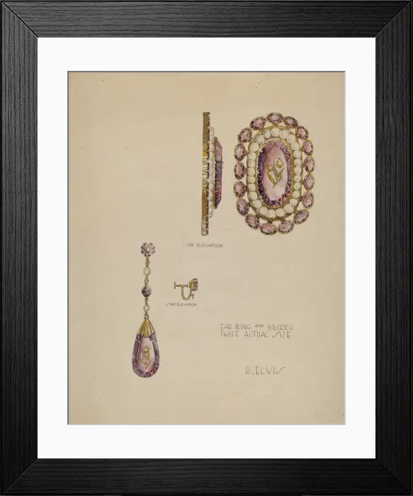 Framed Print : Brooch and Earrings, c. 1941. Creator: Roberta Elvis Framed Print : Brooch and Earrings, c. 1941. Creator: Roberta Elvis