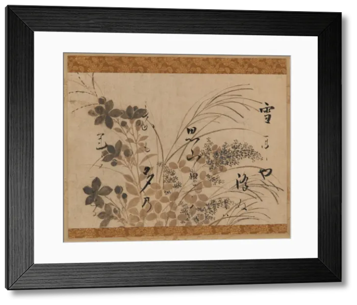 Framed Print : Flowers, grasses, and a poem, Edo period, 1615-1637. Creator: Hon'ami Koetsu Framed Print : Flowers, grasses, and a poem, Edo period, 1615-1637. Creator: Hon'ami Koetsu