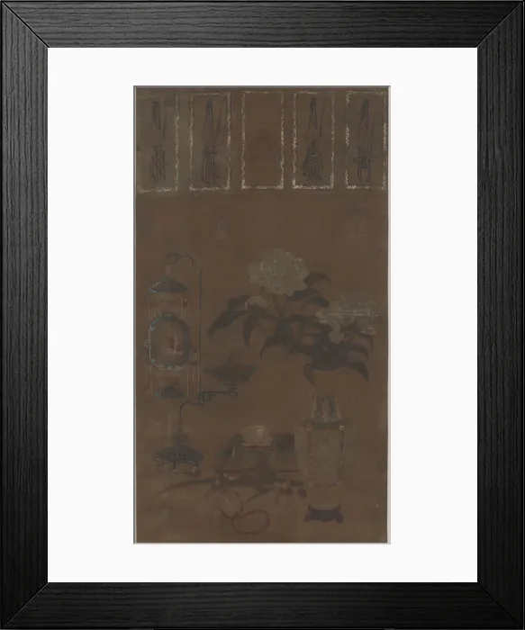 Framed Print : Still life: vase with peonies, and bric-a-brac, Ming dynasty, ca. 1105-1135