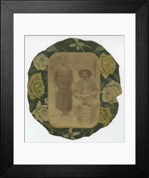 Framed Print : Photographic portrait of a man and woman on floral paper backing, early 20th century Framed Print : Photographic portrait of a man and woman on floral paper backing, early 20th century
