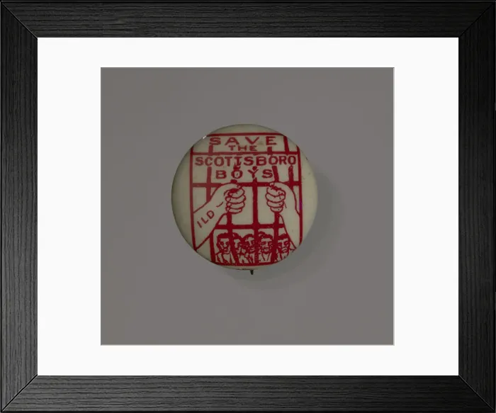 Framed Print : Pinback button supporting the Scottsboro Boys, 1931. Creator: Eagle Regalia Company Framed Print : Pinback button supporting the Scottsboro Boys, 1931. Creator: Eagle Regalia Company