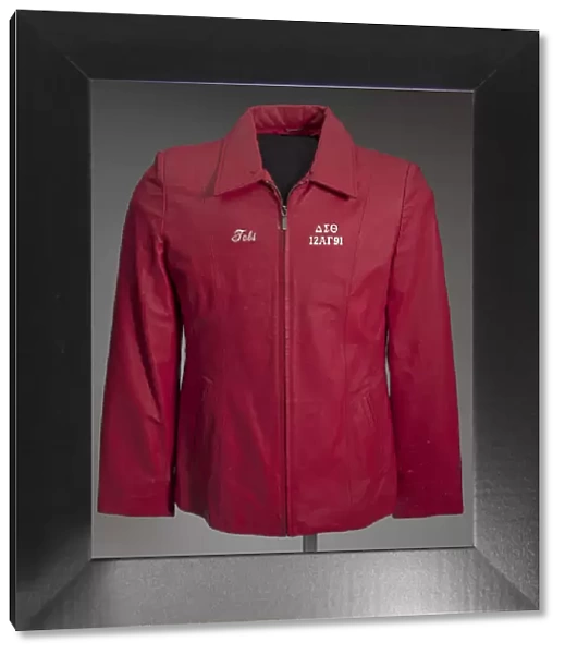 Red leather Delta Sigma Theta jacket owned by Tobi Douglas A. Pulley, 1991