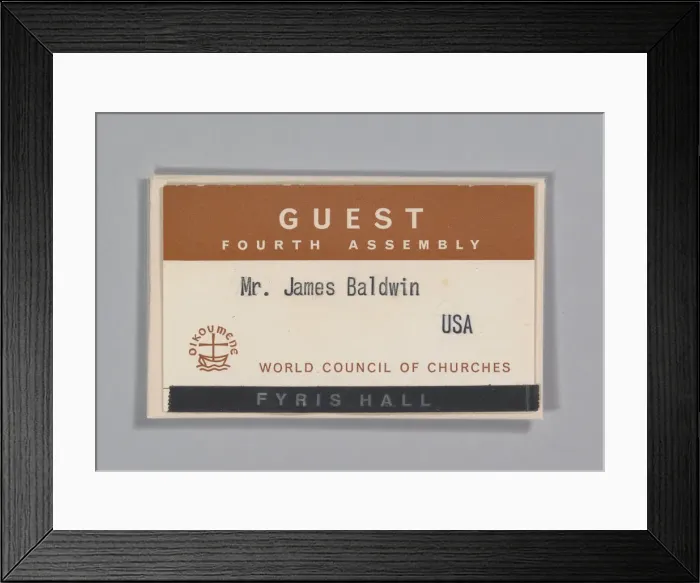 Framed Print : World Council of Churches guest badge for James Baldwin, July 1968. Creator: Unknown Framed Print : World Council of Churches guest badge for James Baldwin, July 1968. Creator: Unknown