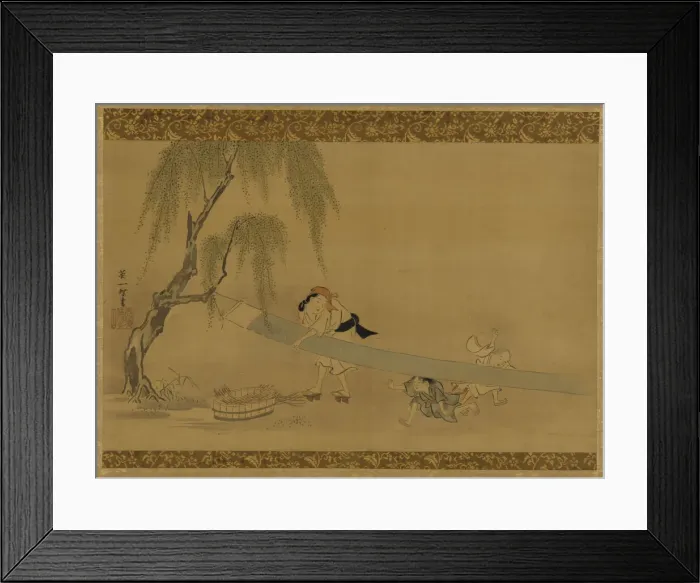 Framed Print : Woman stretching cloth to dry; two children at play, Edo period Framed Print : Woman stretching cloth to dry; two children at play, Edo period