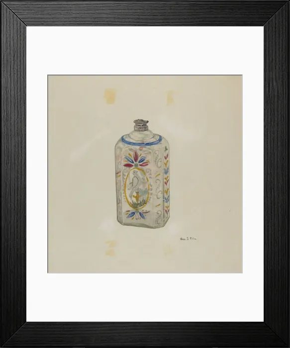 Framed Print : Decorated Glass Flask, c. 1940. Creator: George File Framed Print : Decorated Glass Flask, c. 1940. Creator: George File
