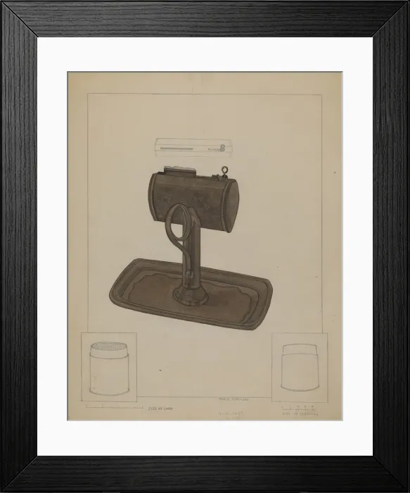 Framed Print : Lamp and Tallow Strainer, c. 1936. Creator: Marie Famularo Framed Print : Lamp and Tallow Strainer, c. 1936. Creator: Marie Famularo