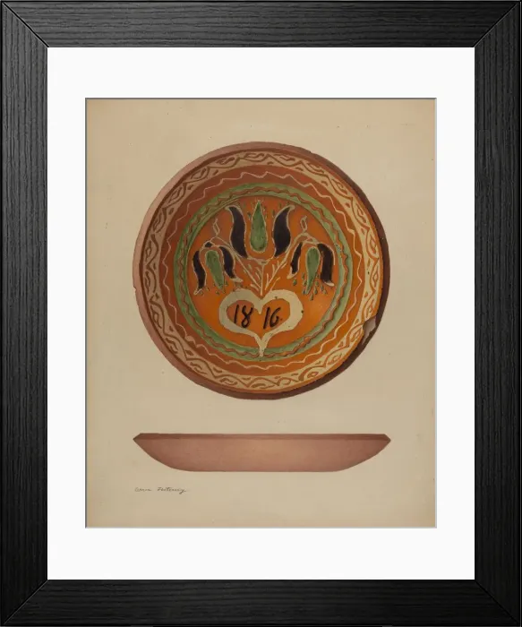 Framed Print : Pa. German Scraffito Plate, c. 1941. Creator: Aaron Fastovsky Framed Print : Pa. German Scraffito Plate, c. 1941. Creator: Aaron Fastovsky