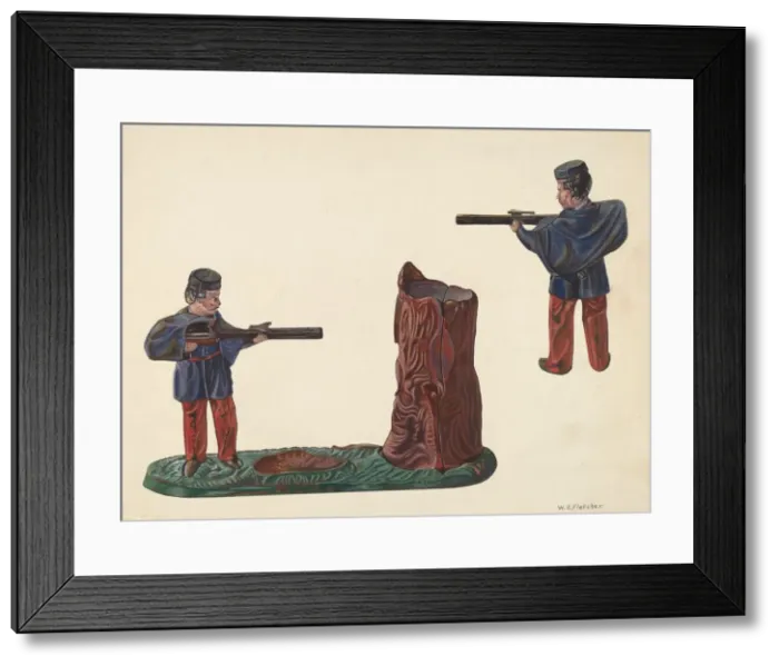 Framed Print : Civil War Soldier & Tree Trunk Bank, c. 1937. Creator: William O. Fletcher Framed Print : Civil War Soldier & Tree Trunk Bank, c. 1937. Creator: William O. Fletcher