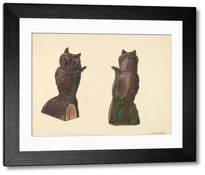 Framed Print : Owl on Log Bank, c. 1937. Creator: William O. Fletcher Framed Print : Owl on Log Bank, c. 1937. Creator: William O. Fletcher
