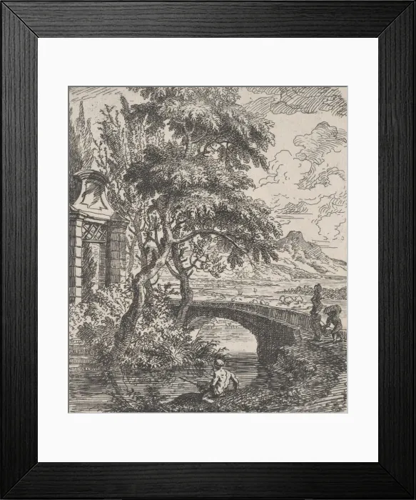 Framed Print : Plate 7: two figures at right about to cross a stone bridge, a fisherman in the for Framed Print : Plate 7: two figures at right about to cross a stone bridge, a fisherman in the for