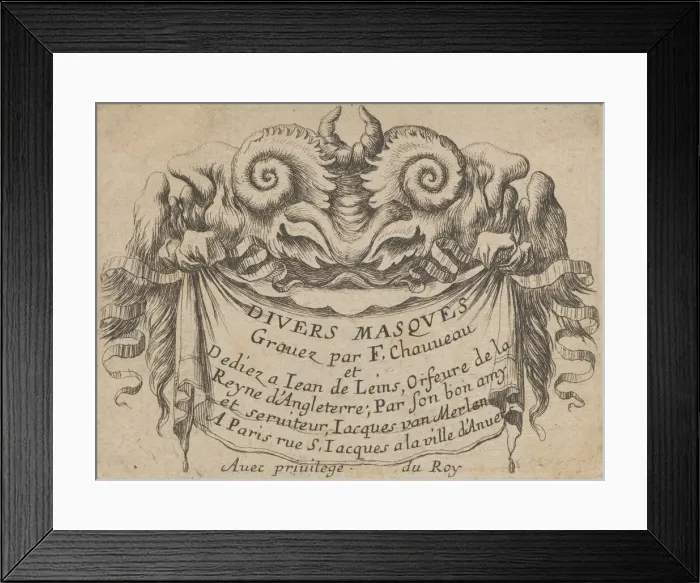 Framed Print : Title Plate with Two Satyr Heads, from Divers Masques, ca. 1635-45 Framed Print : Title Plate with Two Satyr Heads, from Divers Masques, ca. 1635-45