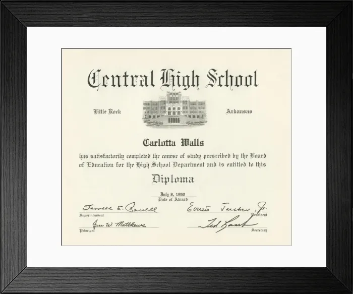 Framed Print : Diploma for Carlotta Walls from Little Rock Central High School, July 8, 1960 Framed Print : Diploma for Carlotta Walls from Little Rock Central High School, July 8, 1960