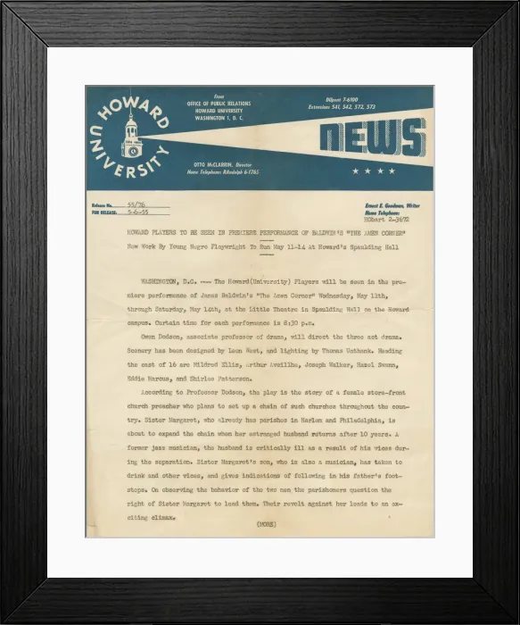Framed Print : Press release from Howard University for the premiere of The Amen Corner Framed Print : Press release from Howard University for the premiere of The Amen Corner
