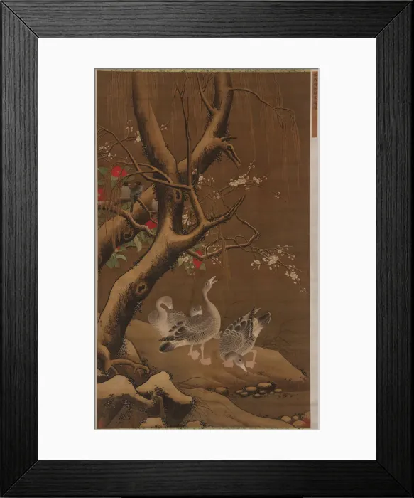 Framed Print : A group of geese under snow-covered willow and blossoming trees, Ming dynasty Framed Print : A group of geese under snow-covered willow and blossoming trees, Ming dynasty