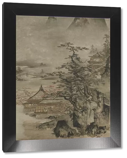 Landscape: mountains, stream and houses, Muromachi period, early 16th century