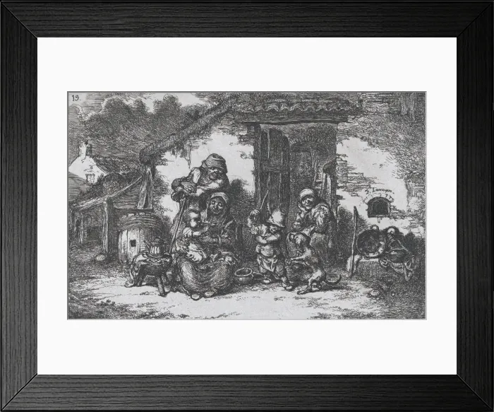 Framed Print : Plate 19: a family and a boy playing with a dog outside a house Framed Print : Plate 19: a family and a boy playing with a dog outside a house