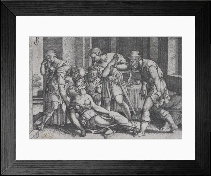 Framed Print : Suicide of Lucretia, from Scenes from Roman History. Creator: Georg Pencz Framed Print : Suicide of Lucretia, from Scenes from Roman History. Creator: Georg Pencz