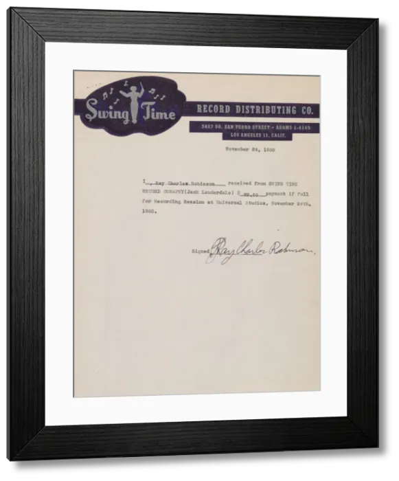 Framed Print : Receipt for payment for a recording session signed by Ray Charles, November 24, 1950 Framed Print : Receipt for payment for a recording session signed by Ray Charles, November 24, 1950