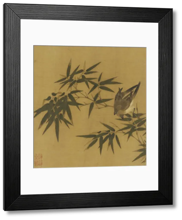 Framed Print : Two birds swinging on a branch of bamboo, Qing dynasty, 18th century. Creator: Unknown Framed Print : Two birds swinging on a branch of bamboo, Qing dynasty, 18th century. Creator: Unknown