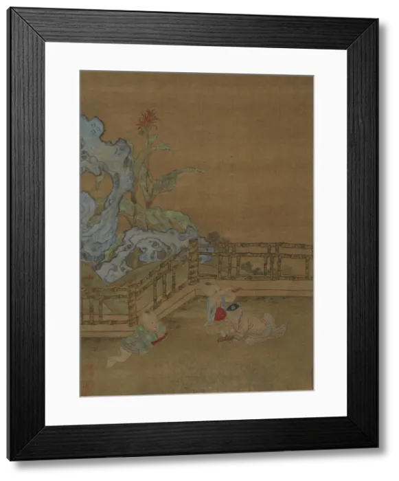 Framed Print : Three children playing on a garden terrace, Ming dynasty, 1368-1644. Creator: Unknown Framed Print : Three children playing on a garden terrace, Ming dynasty, 1368-1644. Creator: Unknown